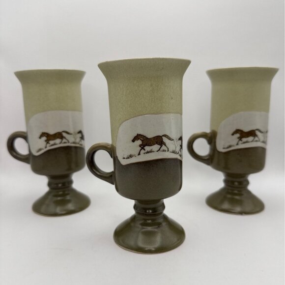 Otagiri Other - Vtg Otagiri Stoneware Irish Coffee 3 Mugs Pedestal Running Horses Japan 5.5 in T